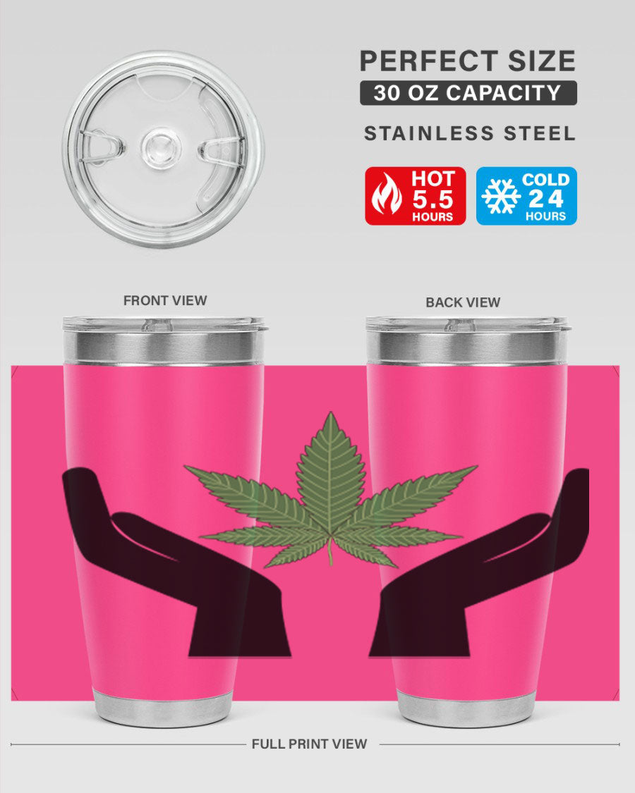cannabis hands 44# tumbler featuring double wall vacuum stainless steel design with a vibrant cannabis-themed print.