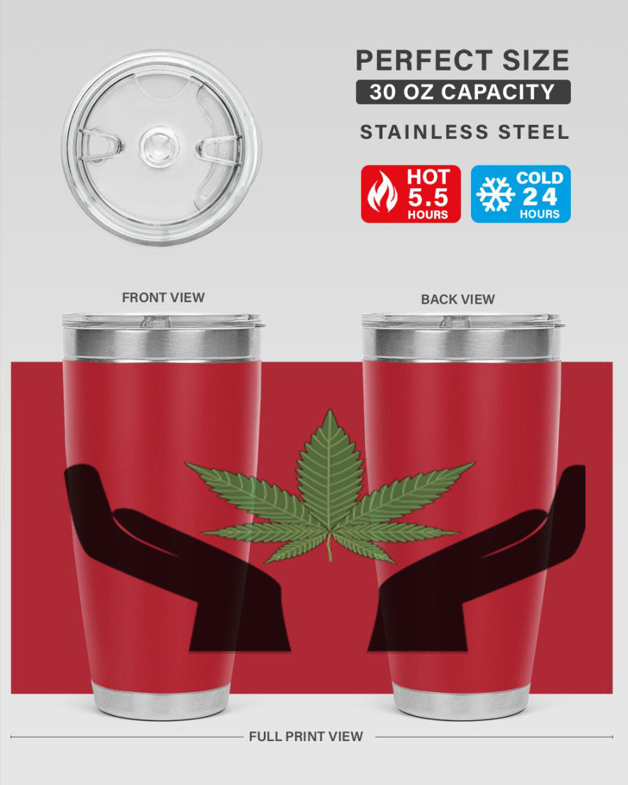 cannabis hands 44# tumbler featuring double wall vacuum stainless steel design with a vibrant cannabis-themed print.