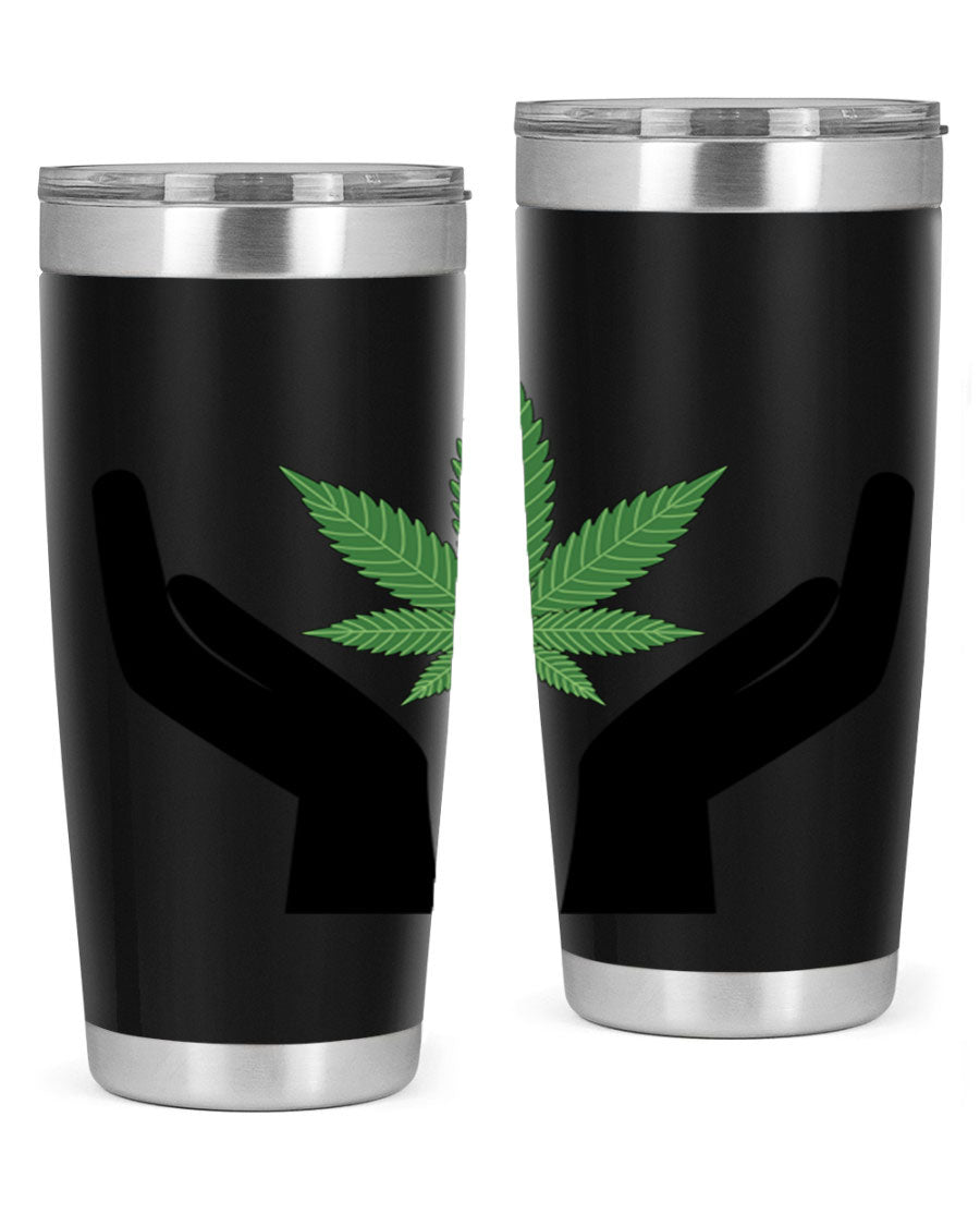 cannabis hands 44# tumbler featuring double wall vacuum stainless steel design with a vibrant cannabis-themed print.
