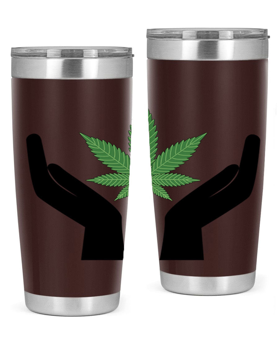 cannabis hands 44# tumbler featuring double wall vacuum stainless steel design with a vibrant cannabis-themed print.