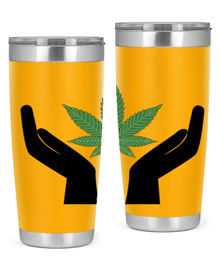 cannabis hands 44# tumbler featuring double wall vacuum stainless steel design with a vibrant cannabis-themed print.
