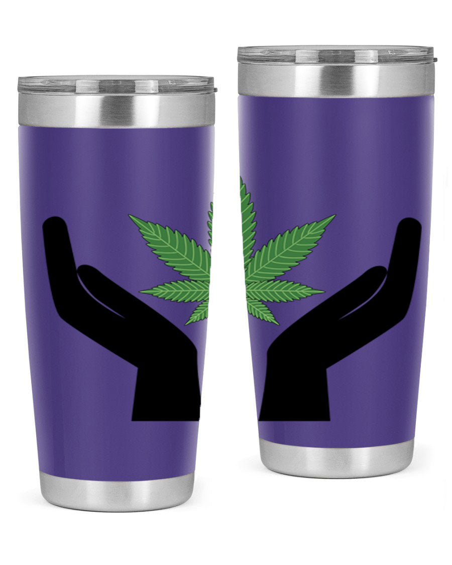 cannabis hands 44# tumbler featuring double wall vacuum stainless steel design with a vibrant cannabis-themed print.
