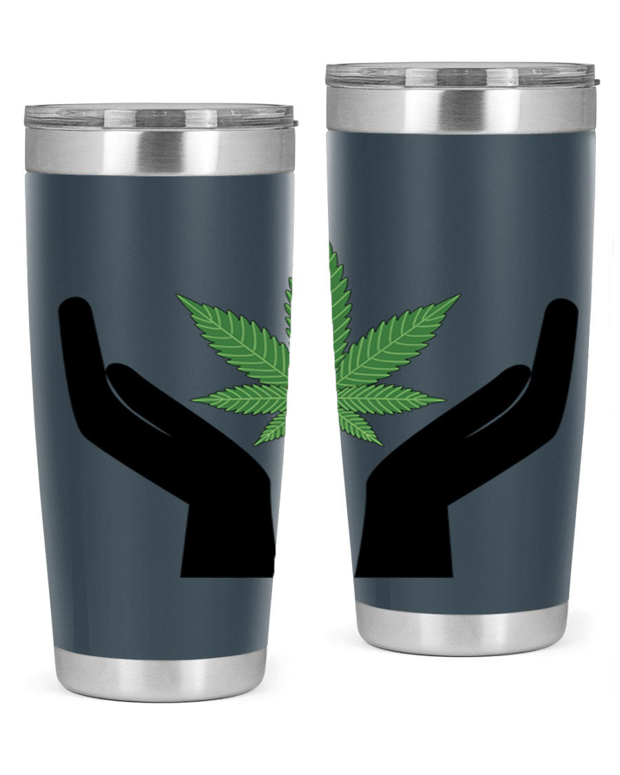cannabis hands 44# tumbler featuring double wall vacuum stainless steel design with a vibrant cannabis-themed print.