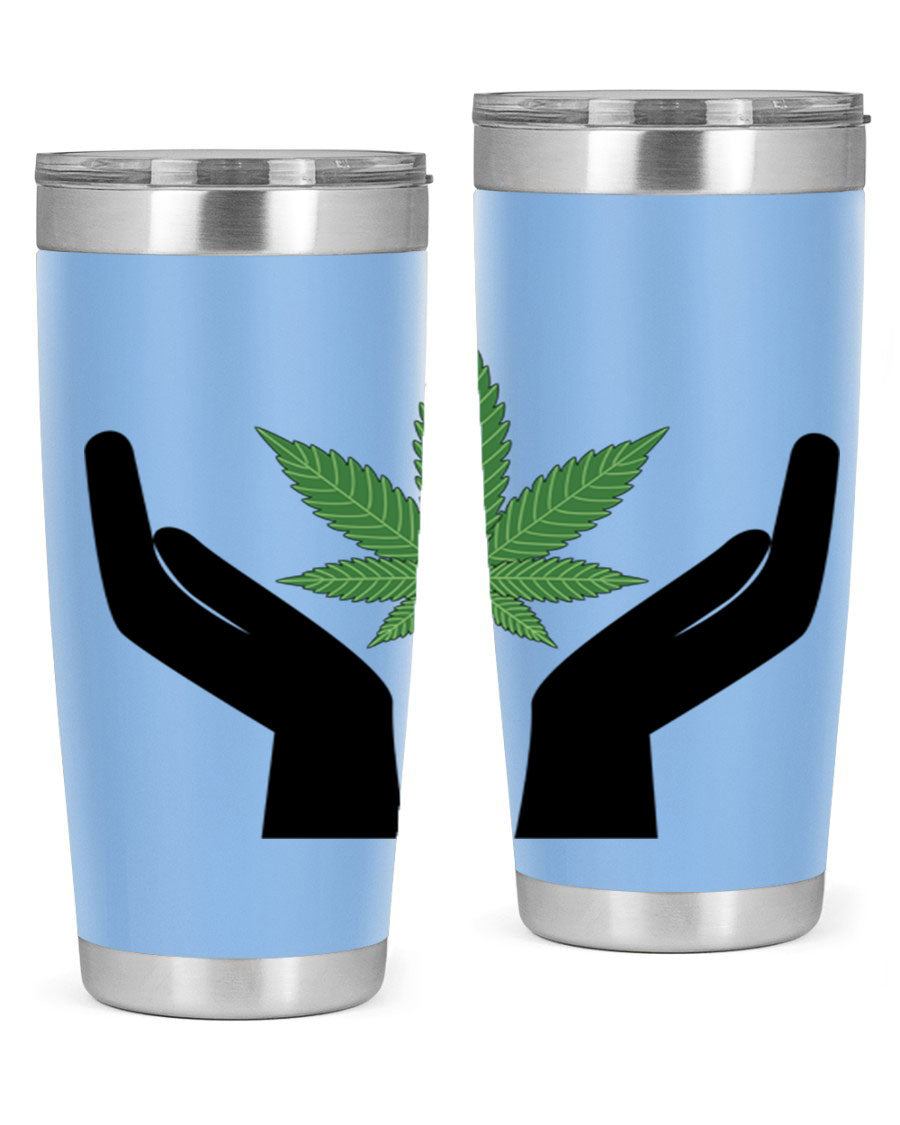 cannabis hands 44# tumbler featuring double wall vacuum stainless steel design with a vibrant cannabis-themed print.