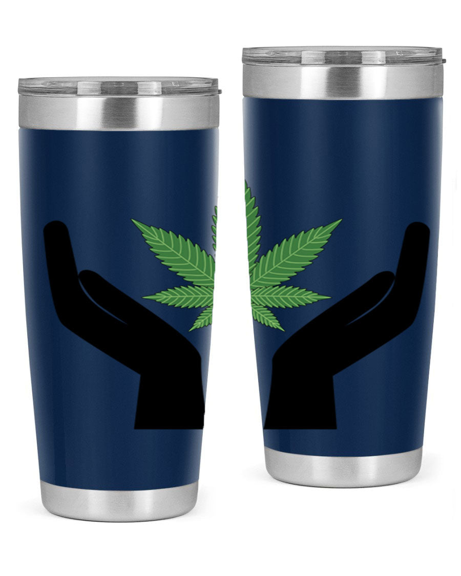 cannabis hands 44# tumbler featuring double wall vacuum stainless steel design with a vibrant cannabis-themed print.
