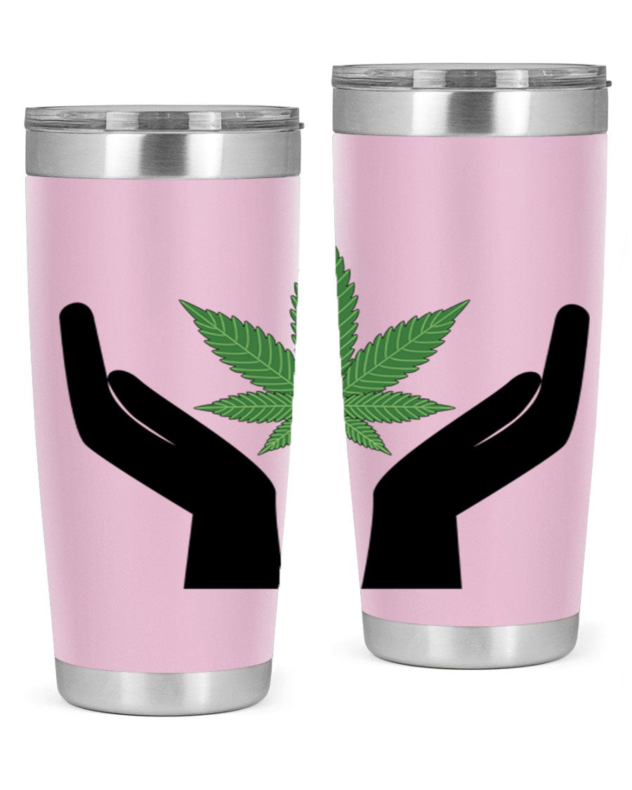 cannabis hands 44# tumbler featuring double wall vacuum stainless steel design with a vibrant cannabis-themed print.