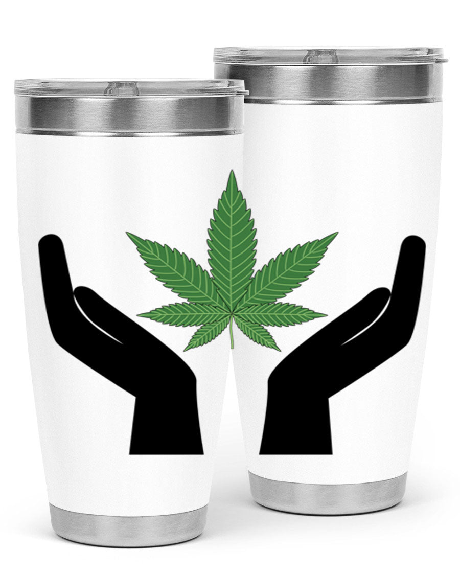 cannabis hands 44# tumbler featuring double wall vacuum stainless steel design with a vibrant cannabis-themed print.