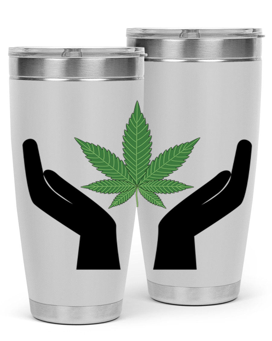 cannabis hands 44# tumbler featuring double wall vacuum stainless steel design with a vibrant cannabis-themed print.