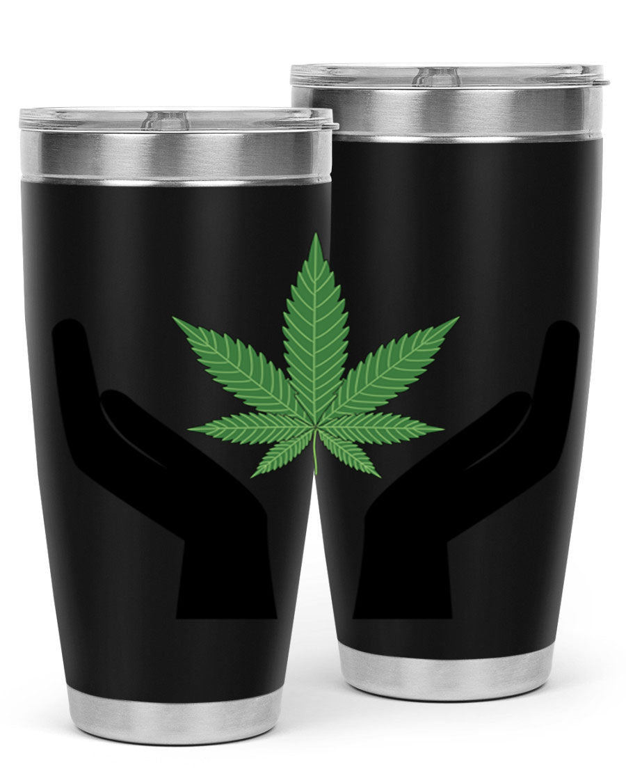 cannabis hands 44# tumbler featuring double wall vacuum stainless steel design with a vibrant cannabis-themed print.