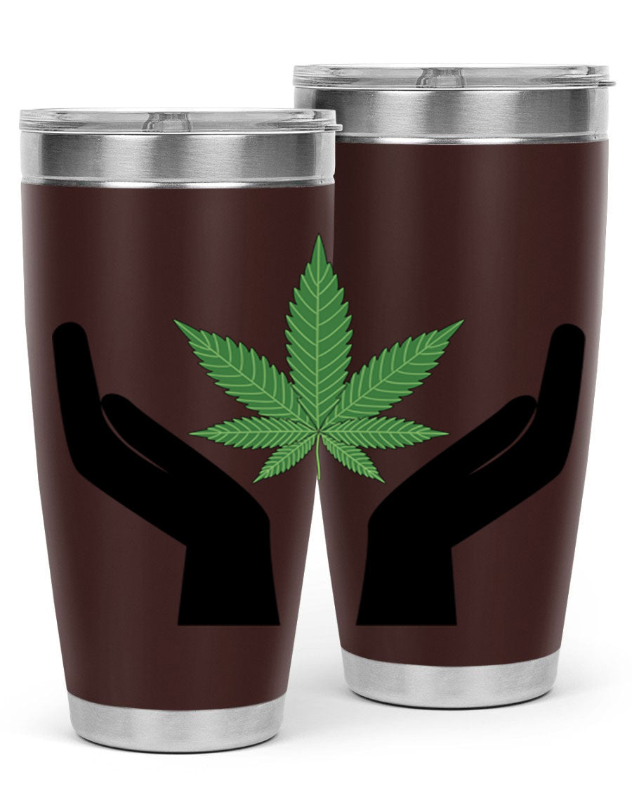cannabis hands 44# tumbler featuring double wall vacuum stainless steel design with a vibrant cannabis-themed print.