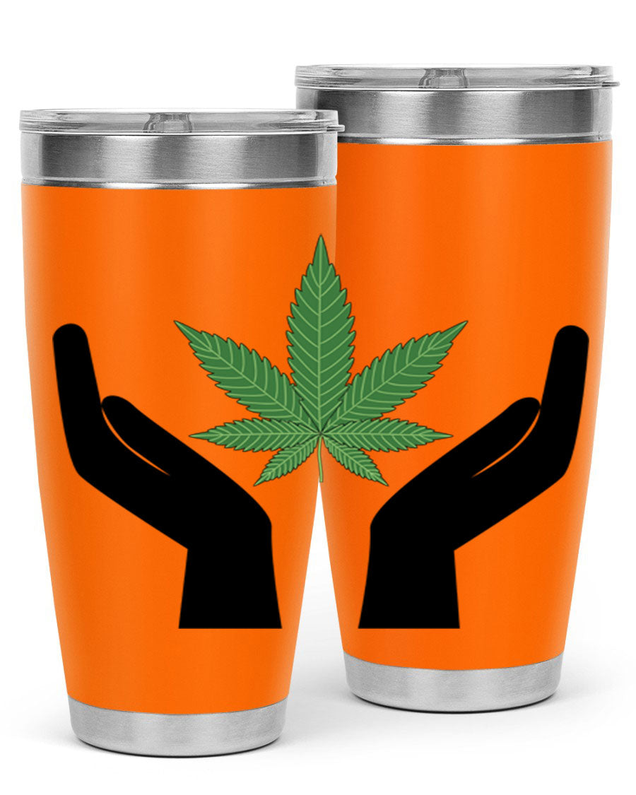 cannabis hands 44# tumbler featuring double wall vacuum stainless steel design with a vibrant cannabis-themed print.