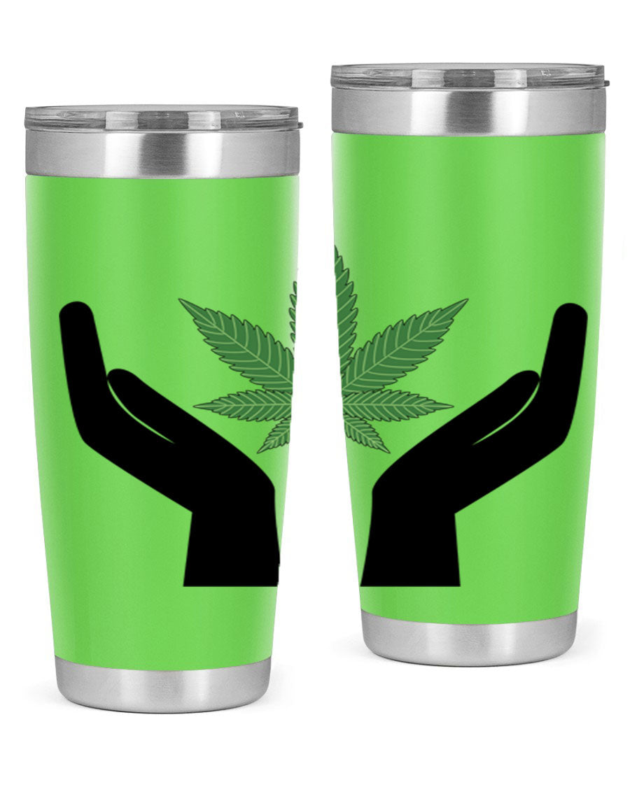 cannabis hands 44# tumbler featuring double wall vacuum stainless steel design with a vibrant cannabis-themed print.