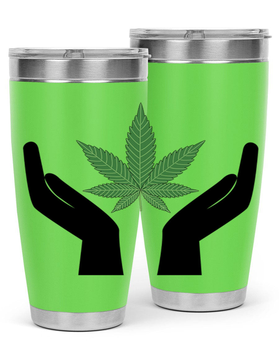 cannabis hands 44# tumbler featuring double wall vacuum stainless steel design with a vibrant cannabis-themed print.