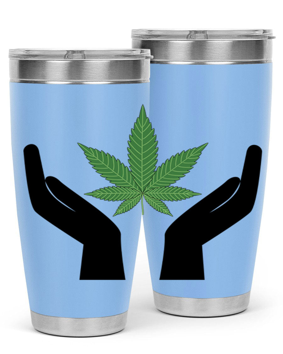 cannabis hands 44# tumbler featuring double wall vacuum stainless steel design with a vibrant cannabis-themed print.