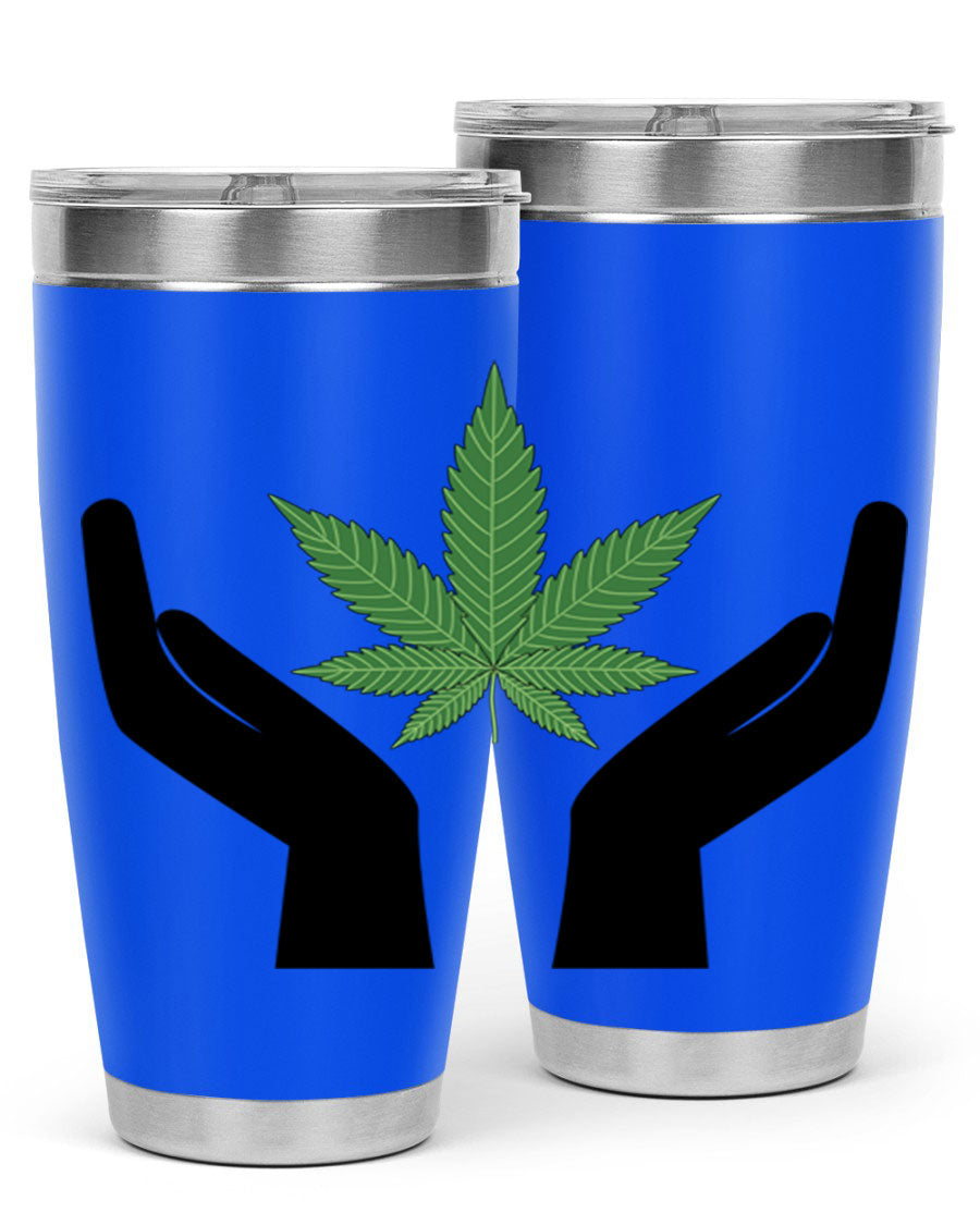 cannabis hands 44# tumbler featuring double wall vacuum stainless steel design with a vibrant cannabis-themed print.