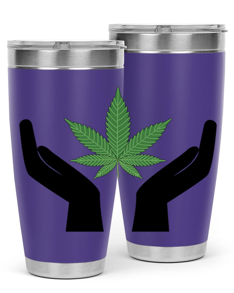 cannabis hands 44# tumbler featuring double wall vacuum stainless steel design with a vibrant cannabis-themed print.
