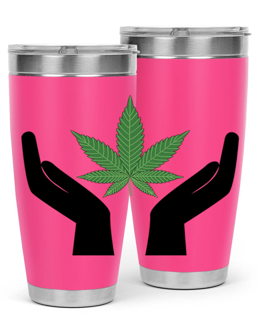 cannabis hands 44# tumbler featuring double wall vacuum stainless steel design with a vibrant cannabis-themed print.