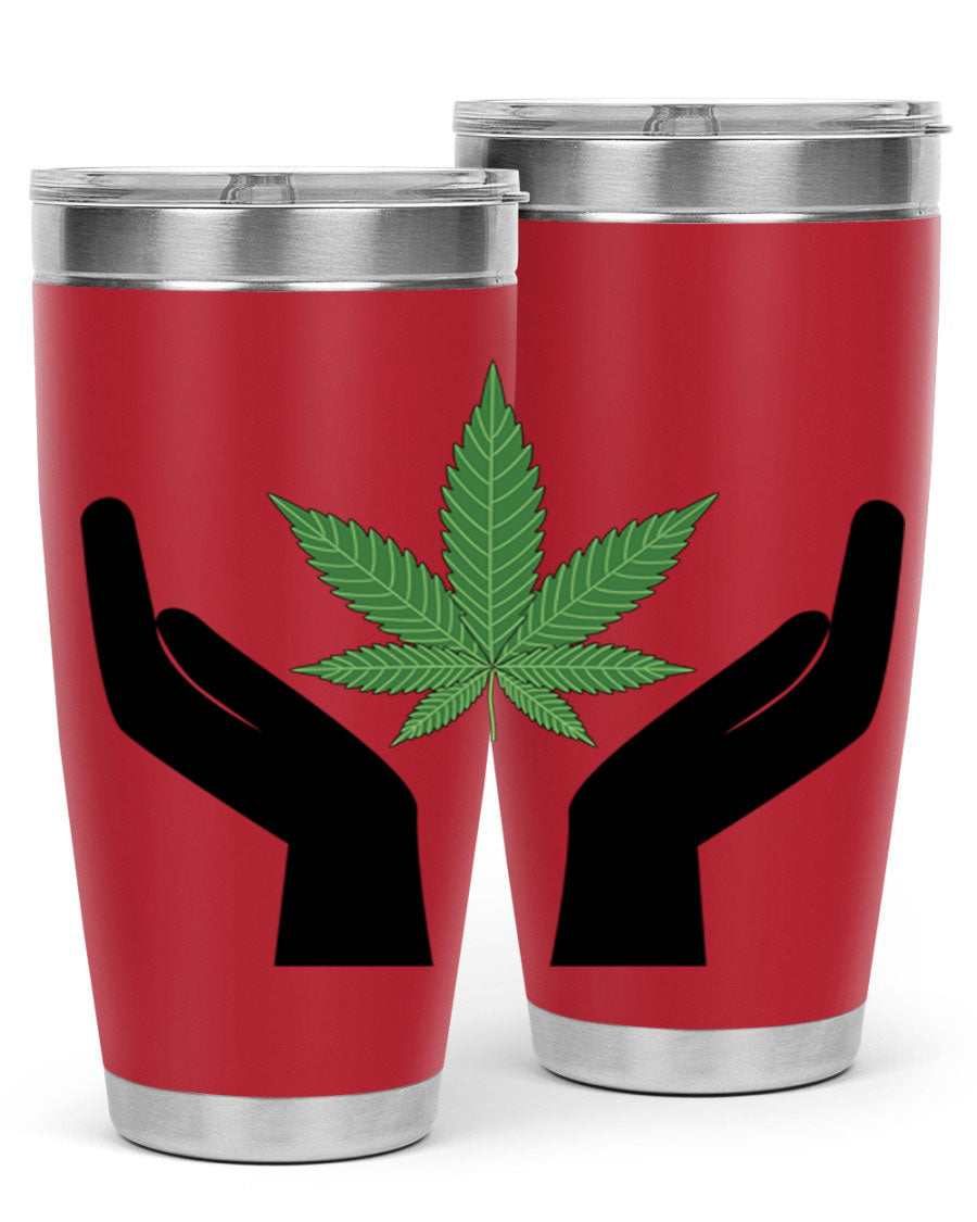 cannabis hands 44# tumbler featuring double wall vacuum stainless steel design with a vibrant cannabis-themed print.