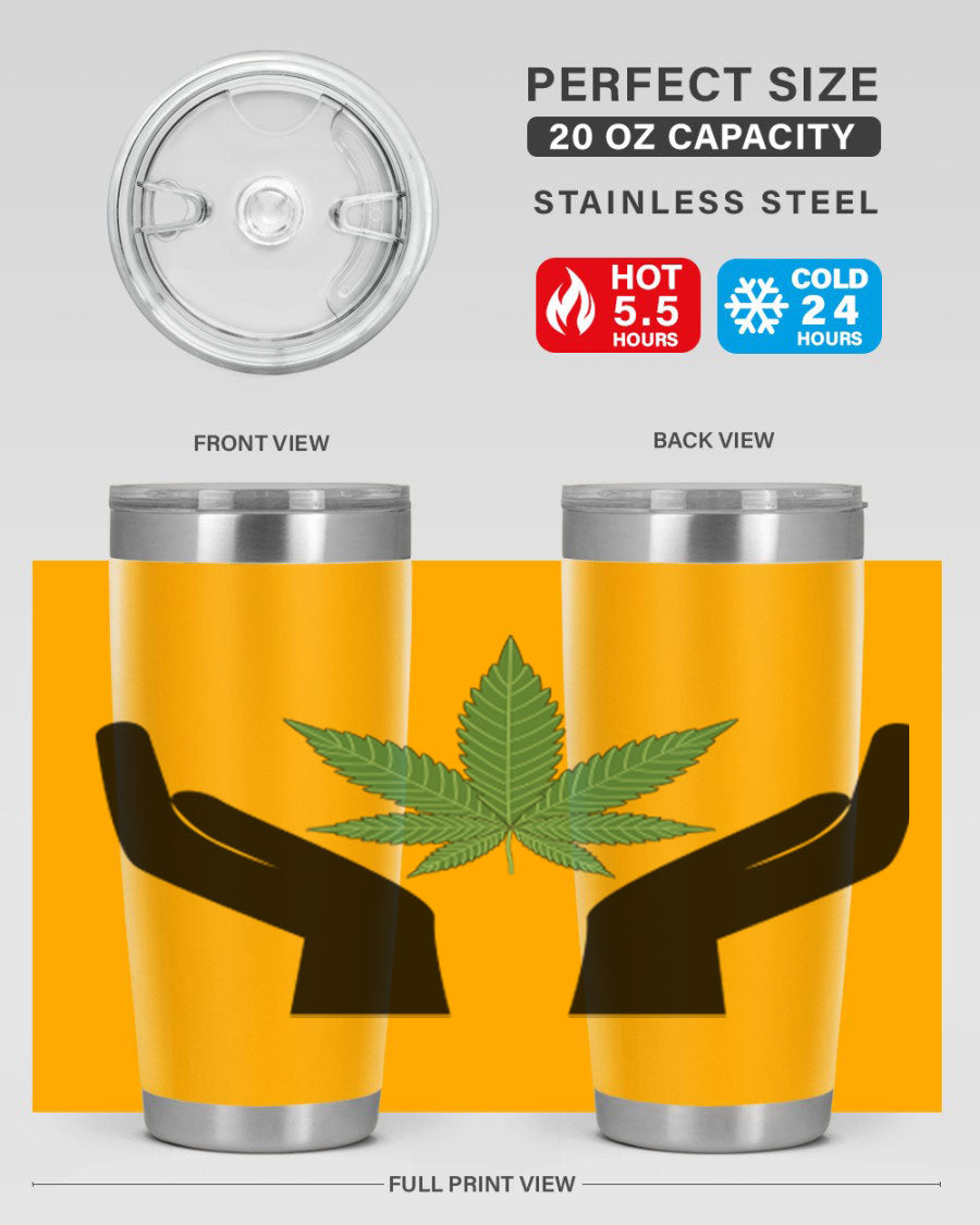 cannabis hands 44# tumbler featuring double wall vacuum stainless steel design with a vibrant cannabis-themed print.