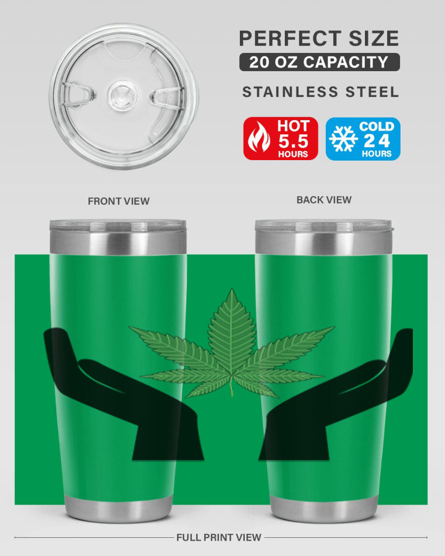 cannabis hands 44# tumbler featuring double wall vacuum stainless steel design with a vibrant cannabis-themed print.