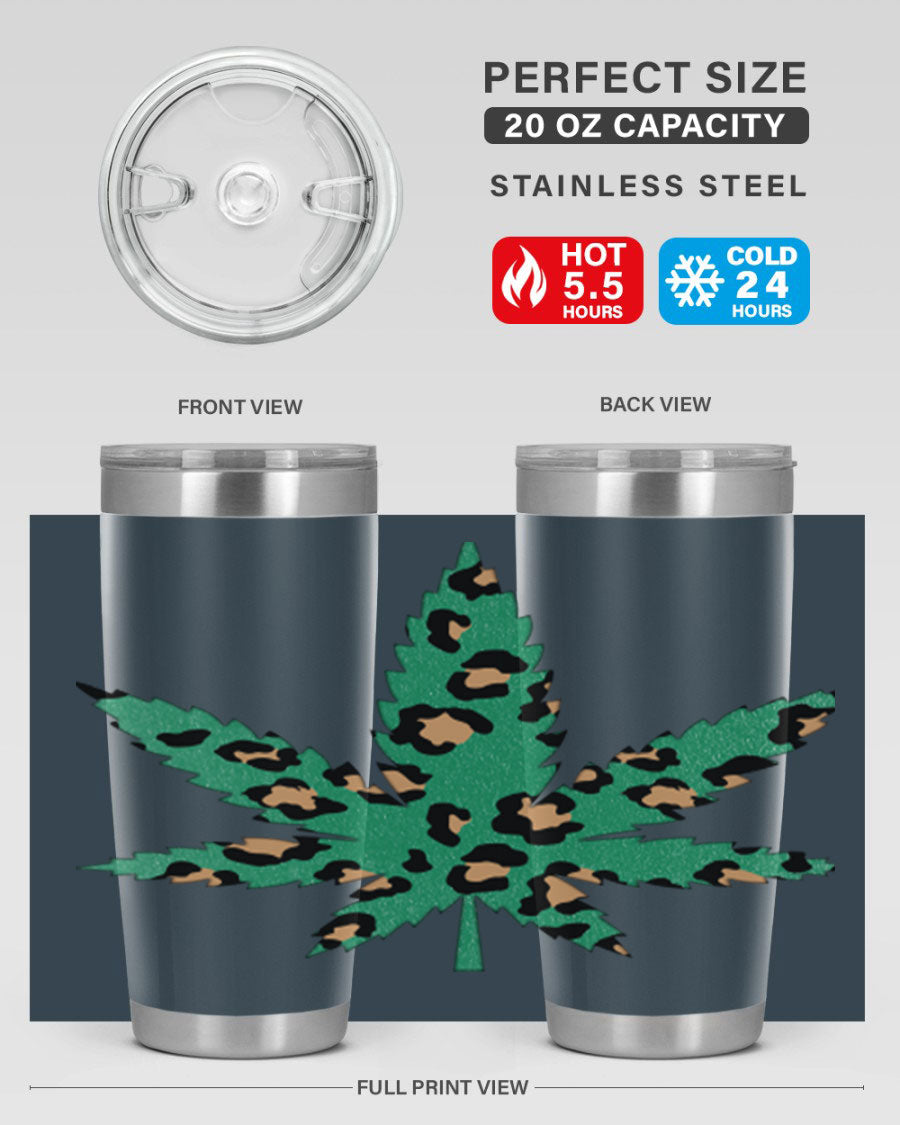 A stylish Cannabis Leopard Print 54# tumbler featuring a double wall vacuum design, perfect for keeping beverages hot or cold.