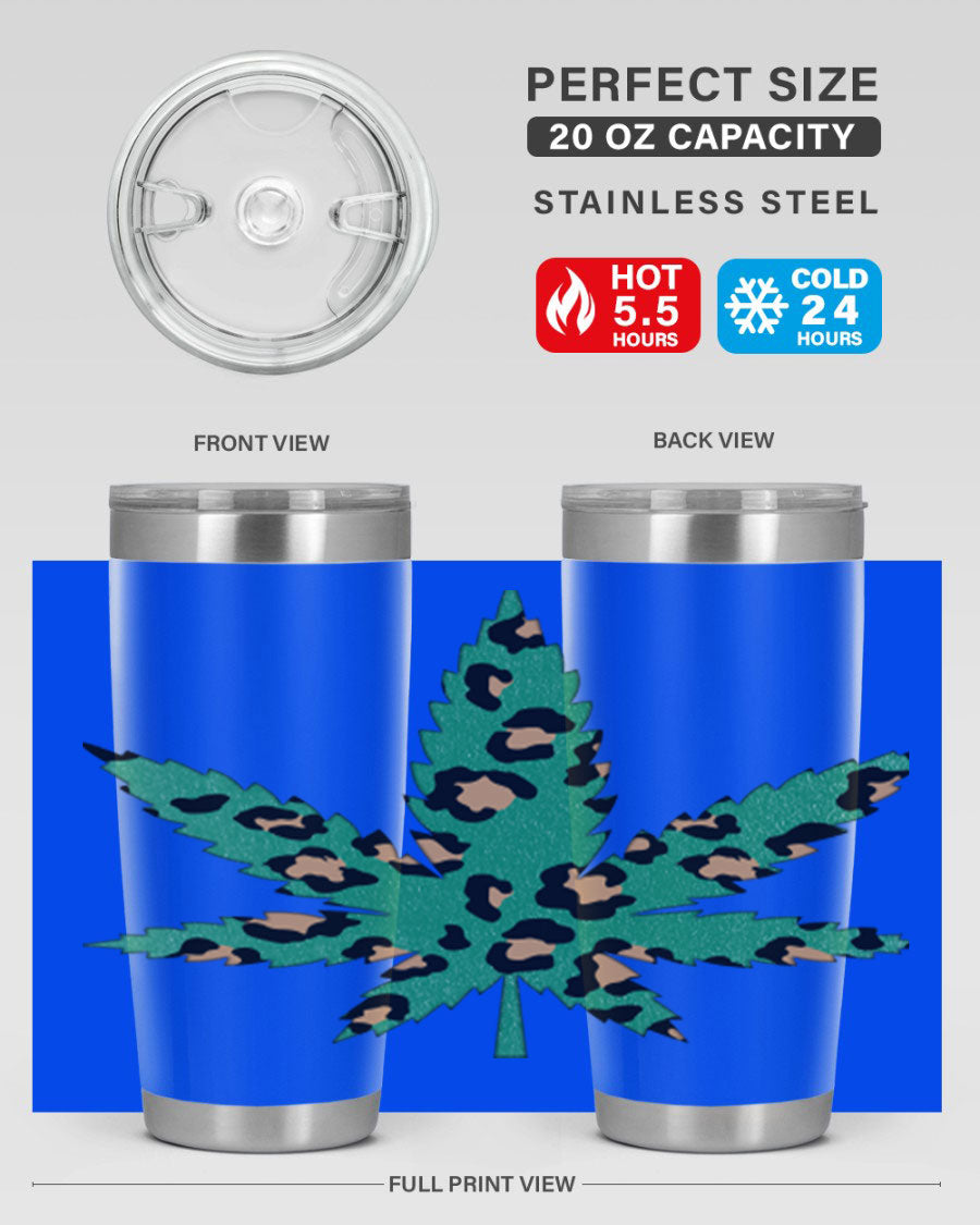 A stylish Cannabis Leopard Print 54# tumbler featuring a double wall vacuum design, perfect for keeping beverages hot or cold.