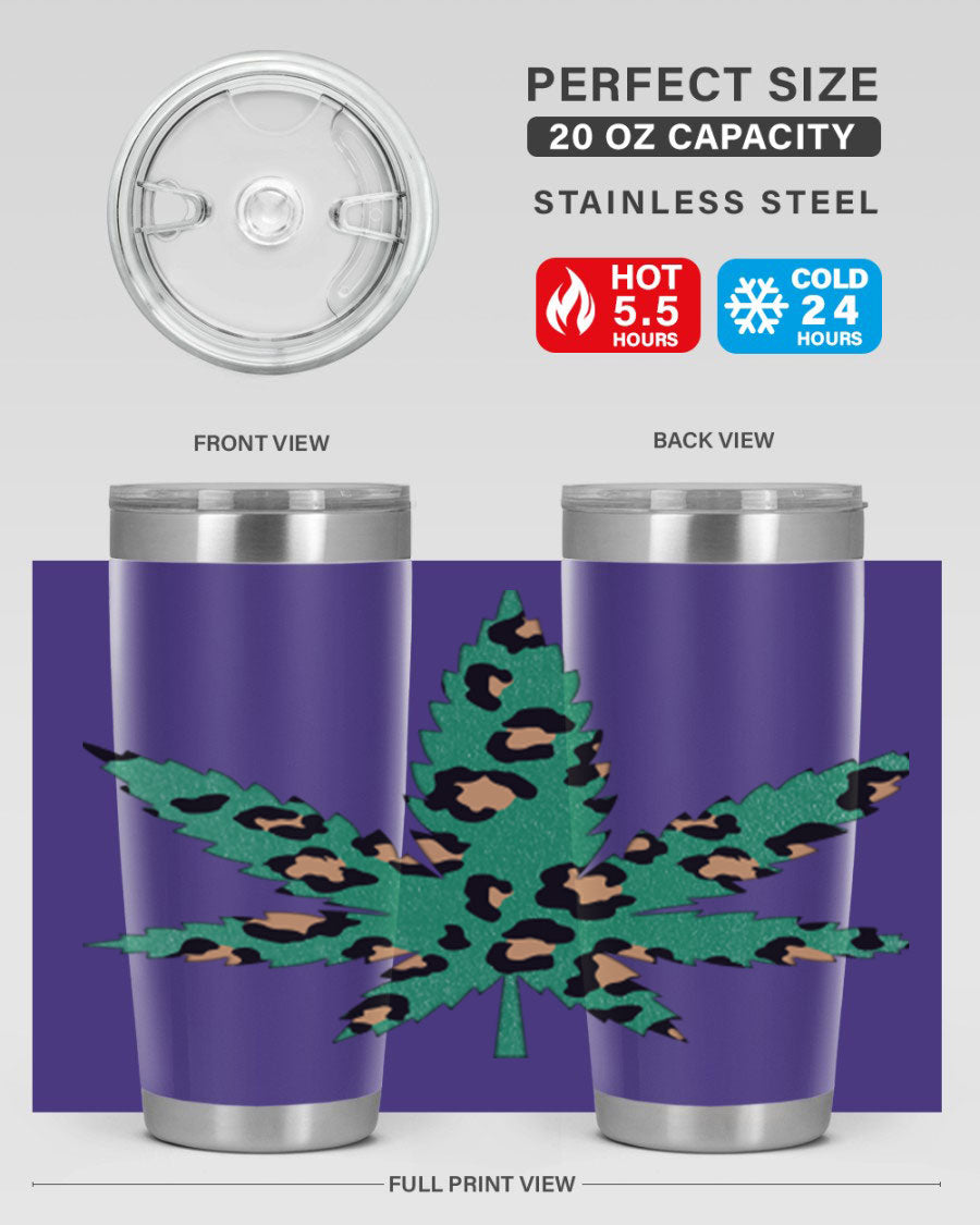 A stylish Cannabis Leopard Print 54# tumbler featuring a double wall vacuum design, perfect for keeping beverages hot or cold.