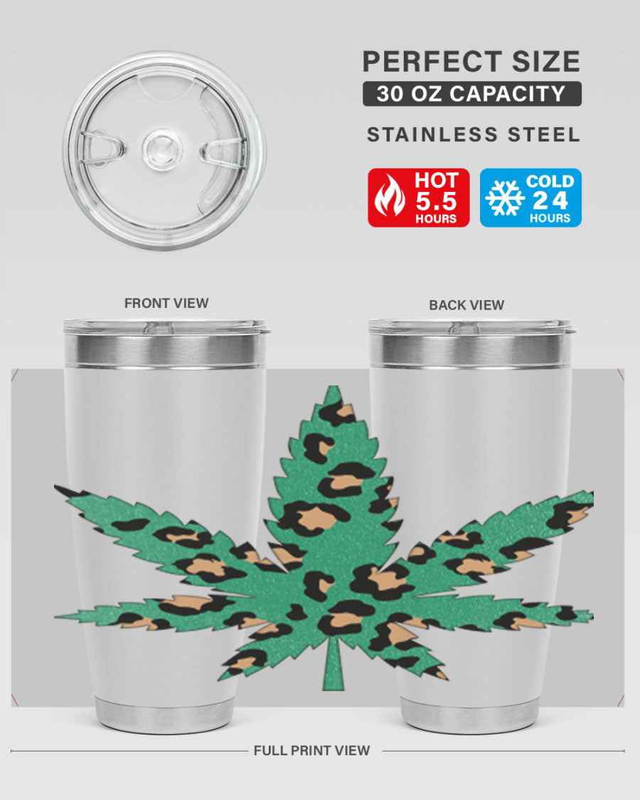 A stylish Cannabis Leopard Print 54# tumbler featuring a double wall vacuum design, perfect for keeping beverages hot or cold.