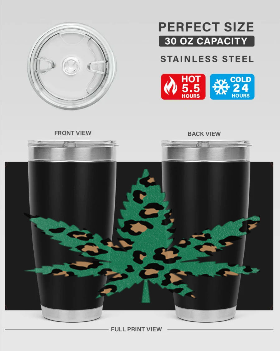 A stylish Cannabis Leopard Print 54# tumbler featuring a double wall vacuum design, perfect for keeping beverages hot or cold.