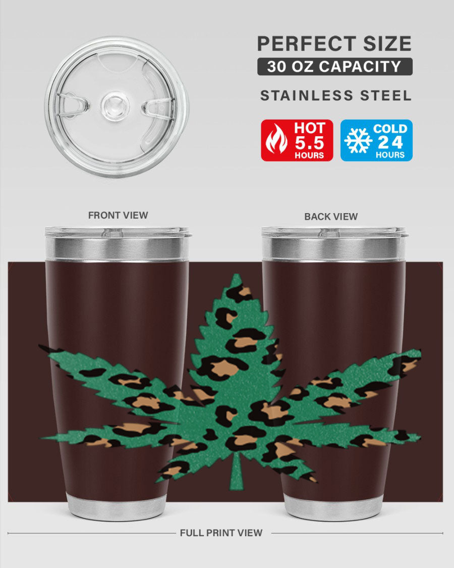 A stylish Cannabis Leopard Print 54# tumbler featuring a double wall vacuum design, perfect for keeping beverages hot or cold.