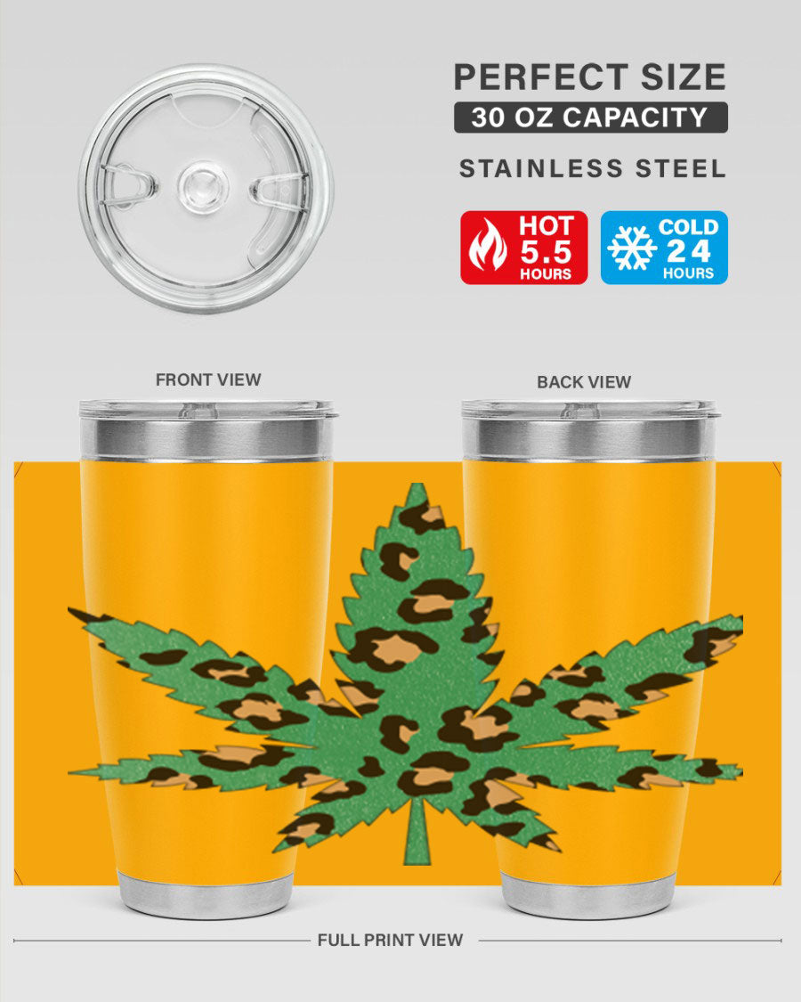 A stylish Cannabis Leopard Print 54# tumbler featuring a double wall vacuum design, perfect for keeping beverages hot or cold.