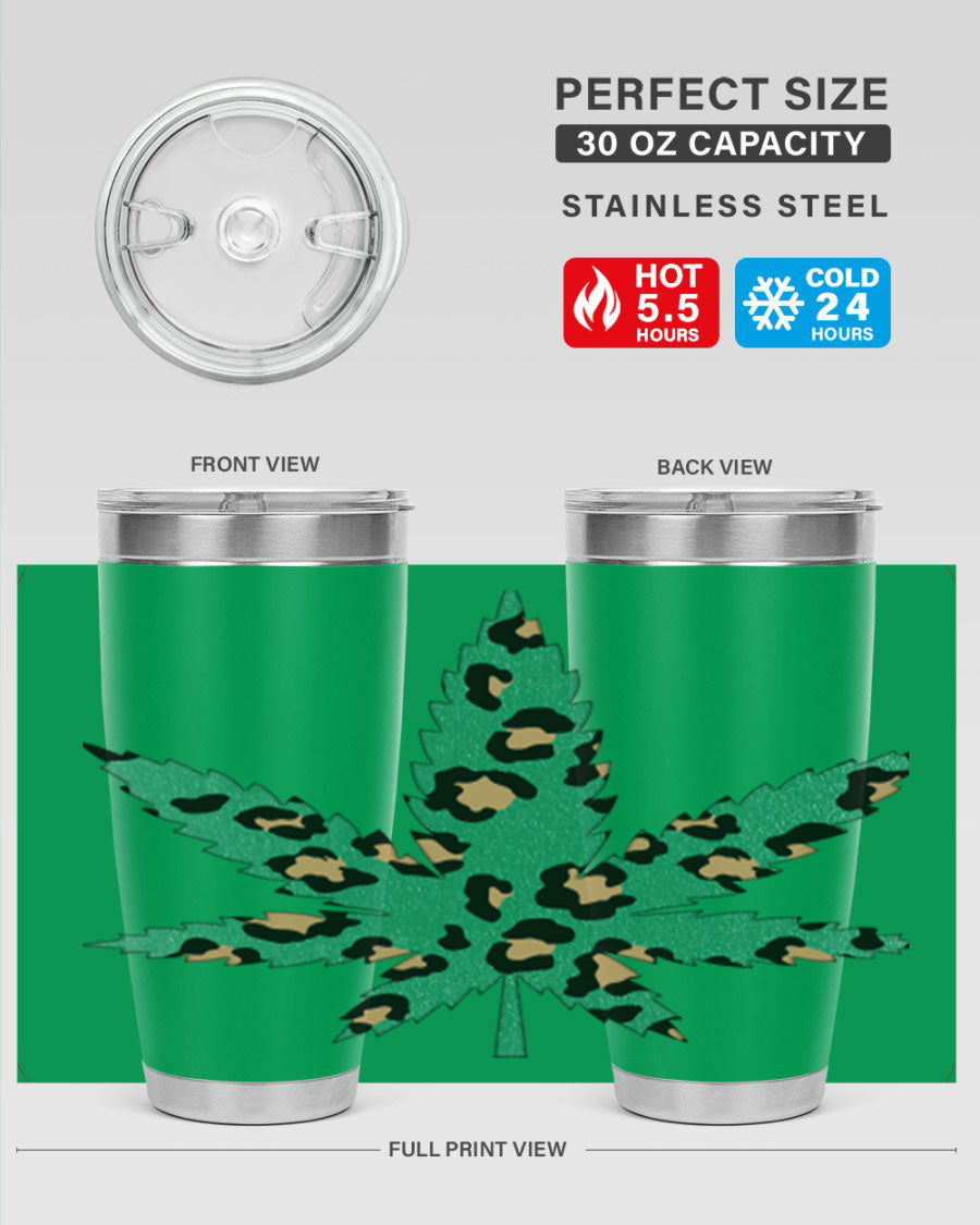 A stylish Cannabis Leopard Print 54# tumbler featuring a double wall vacuum design, perfect for keeping beverages hot or cold.