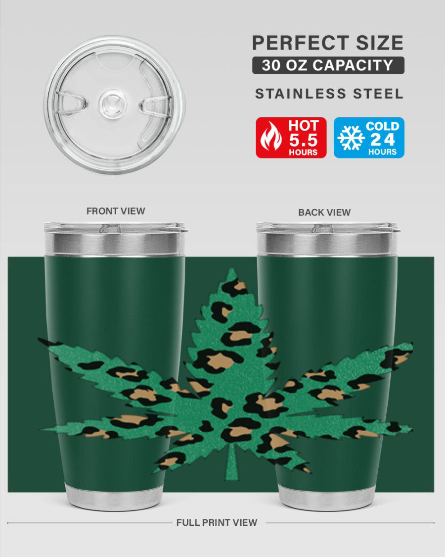A stylish Cannabis Leopard Print 54# tumbler featuring a double wall vacuum design, perfect for keeping beverages hot or cold.