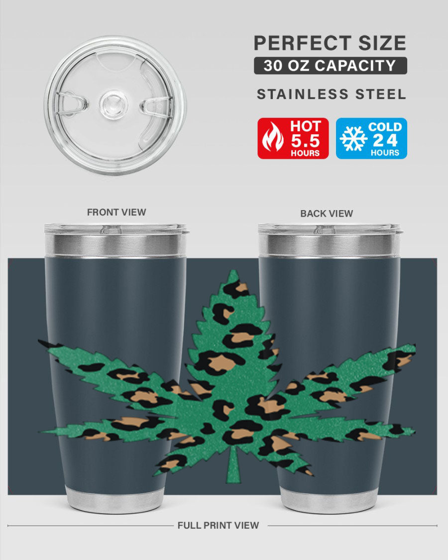A stylish Cannabis Leopard Print 54# tumbler featuring a double wall vacuum design, perfect for keeping beverages hot or cold.