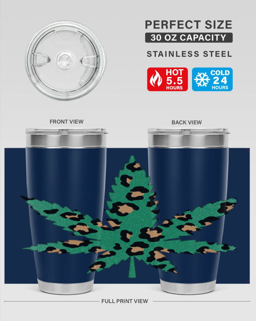A stylish Cannabis Leopard Print 54# tumbler featuring a double wall vacuum design, perfect for keeping beverages hot or cold.