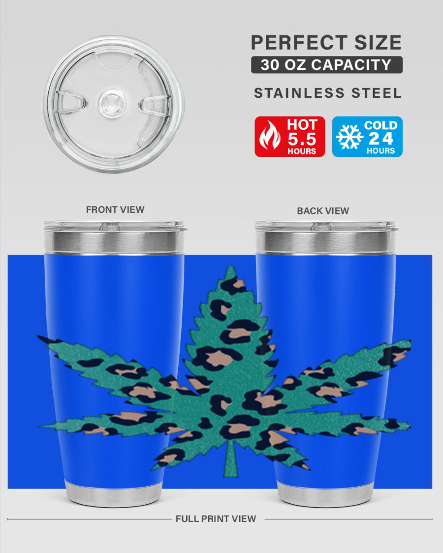 A stylish Cannabis Leopard Print 54# tumbler featuring a double wall vacuum design, perfect for keeping beverages hot or cold.