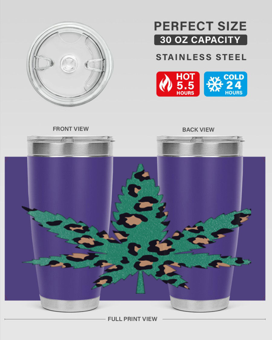 A stylish Cannabis Leopard Print 54# tumbler featuring a double wall vacuum design, perfect for keeping beverages hot or cold.
