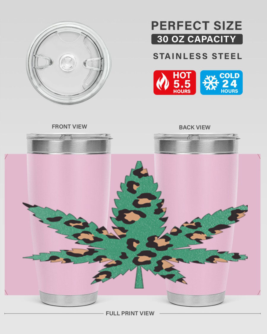 A stylish Cannabis Leopard Print 54# tumbler featuring a double wall vacuum design, perfect for keeping beverages hot or cold.