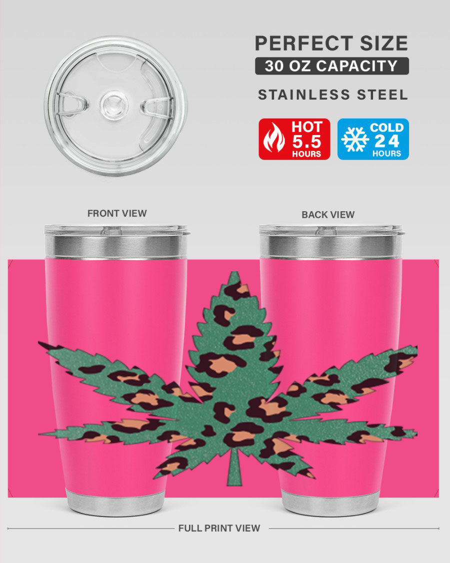 A stylish Cannabis Leopard Print 54# tumbler featuring a double wall vacuum design, perfect for keeping beverages hot or cold.