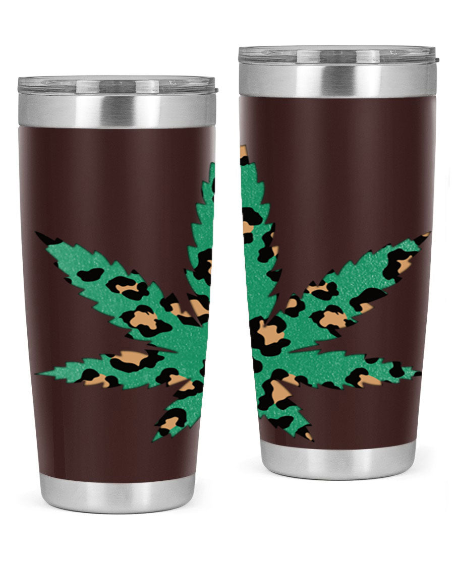 A stylish Cannabis Leopard Print 54# tumbler featuring a double wall vacuum design, perfect for keeping beverages hot or cold.