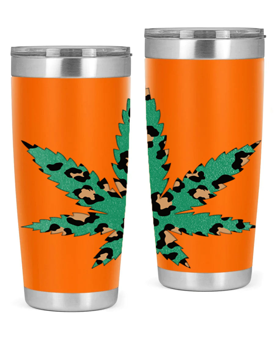 A stylish Cannabis Leopard Print 54# tumbler featuring a double wall vacuum design, perfect for keeping beverages hot or cold.