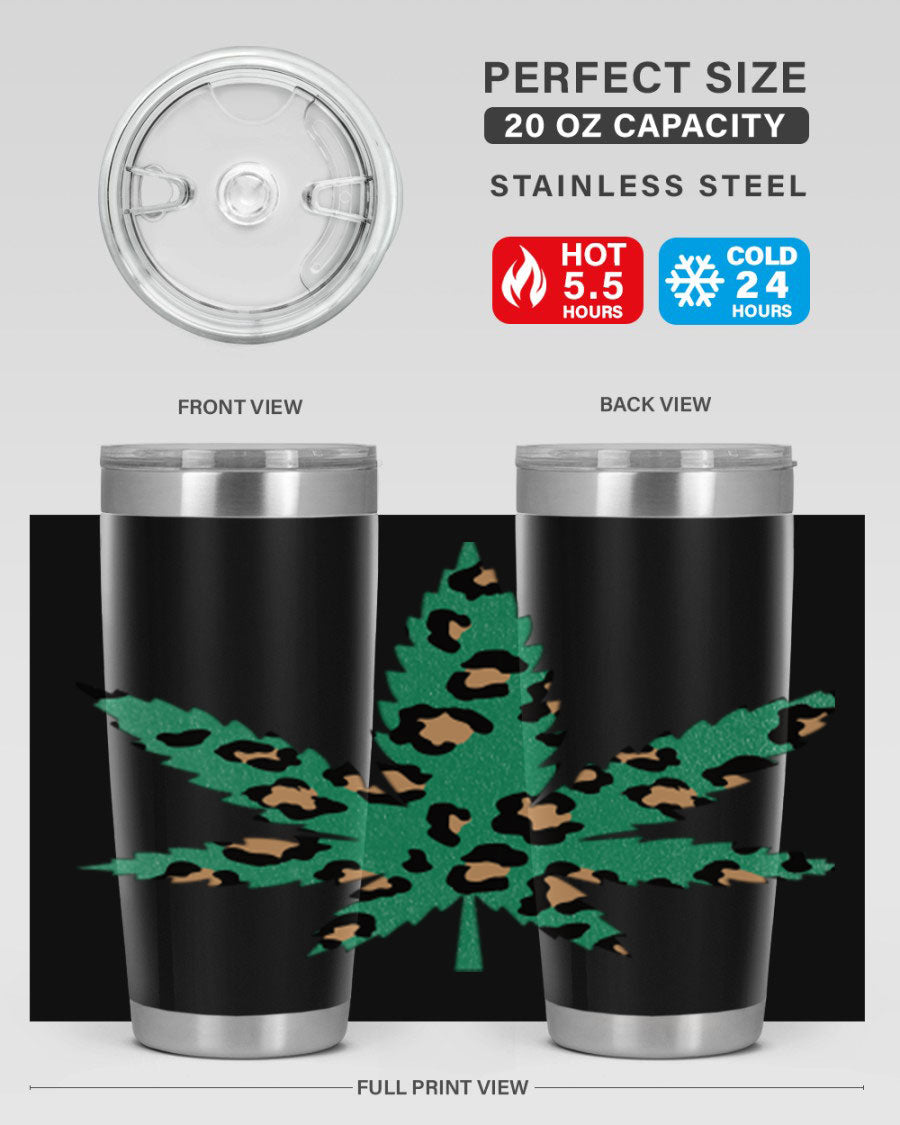 A stylish Cannabis Leopard Print 54# tumbler featuring a double wall vacuum design, perfect for keeping beverages hot or cold.