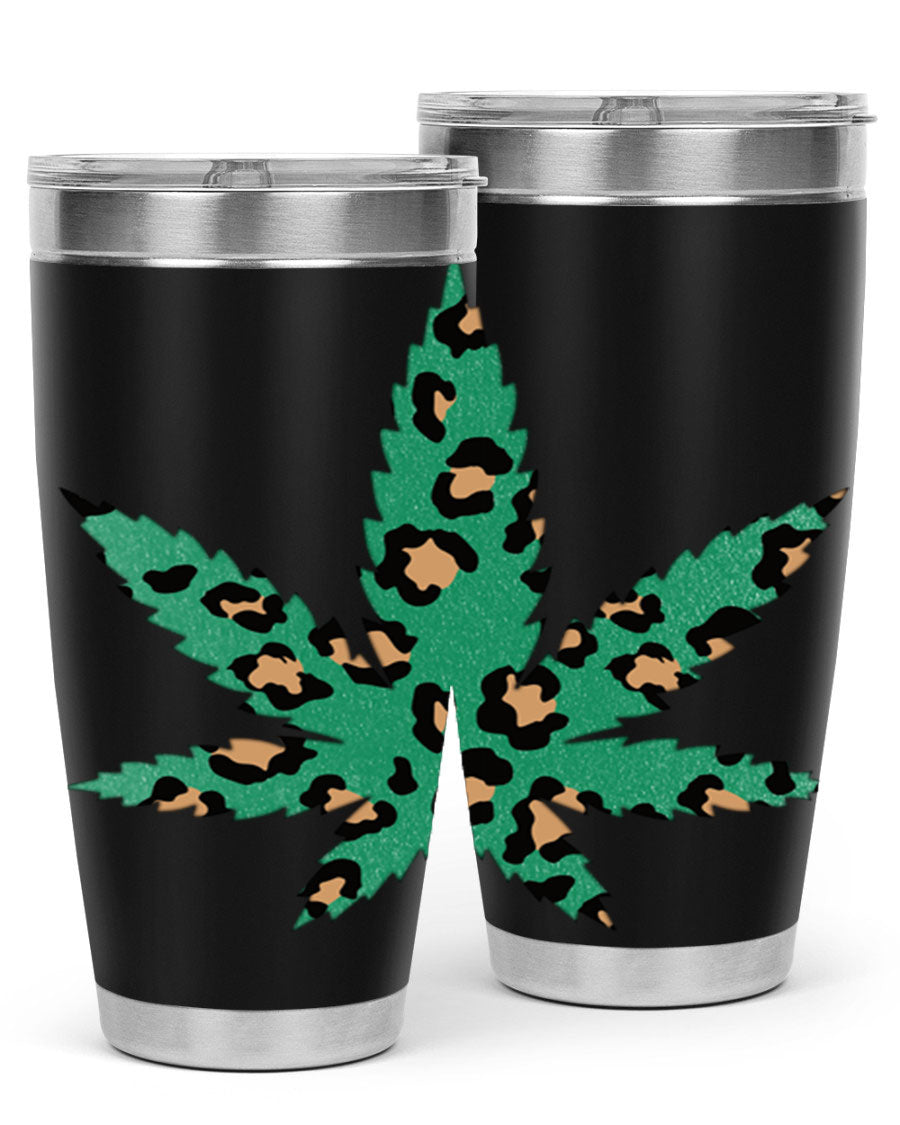 A stylish Cannabis Leopard Print 54# tumbler featuring a double wall vacuum design, perfect for keeping beverages hot or cold.