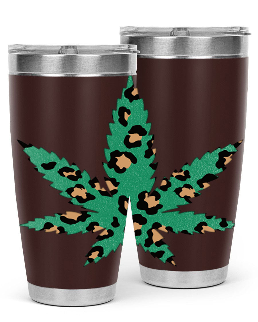 A stylish Cannabis Leopard Print 54# tumbler featuring a double wall vacuum design, perfect for keeping beverages hot or cold.