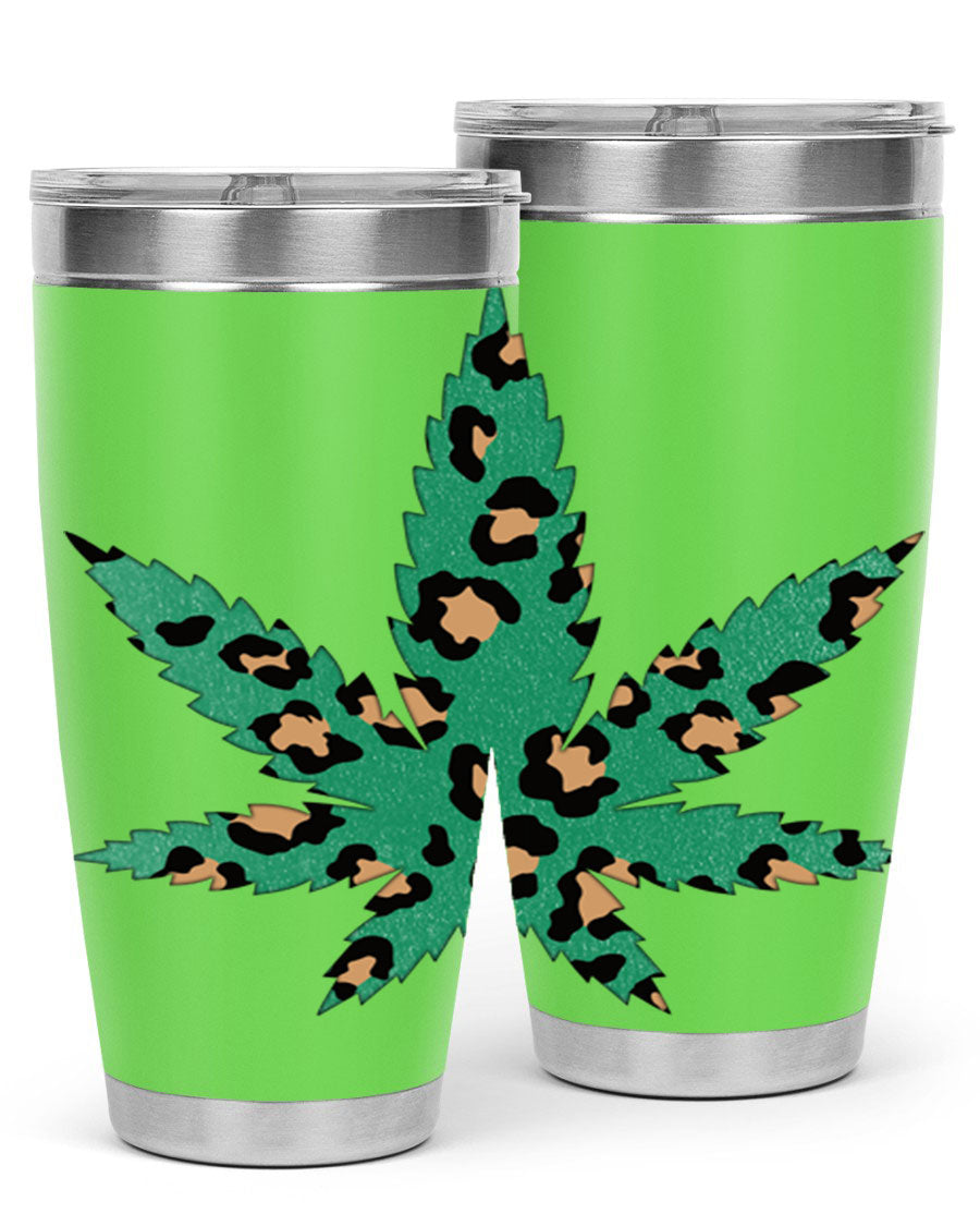 A stylish Cannabis Leopard Print 54# tumbler featuring a double wall vacuum design, perfect for keeping beverages hot or cold.