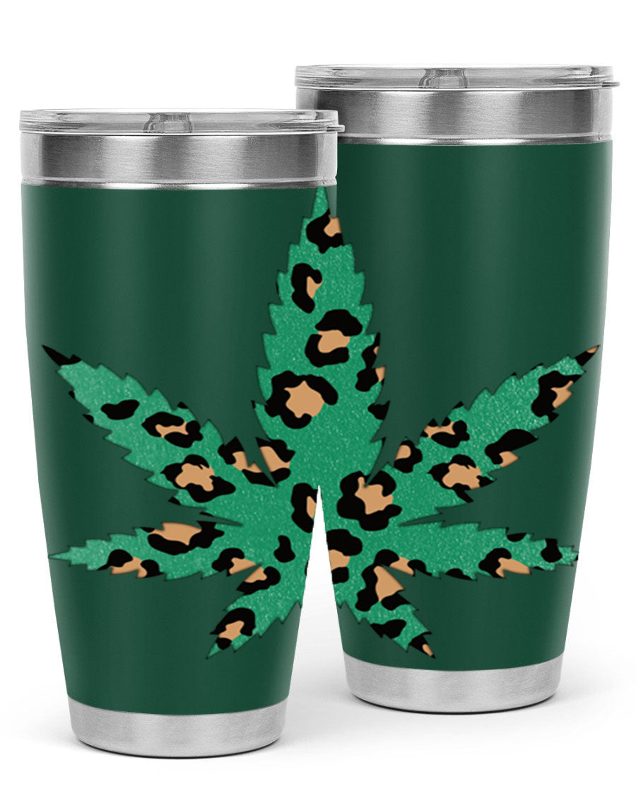 A stylish Cannabis Leopard Print 54# tumbler featuring a double wall vacuum design, perfect for keeping beverages hot or cold.