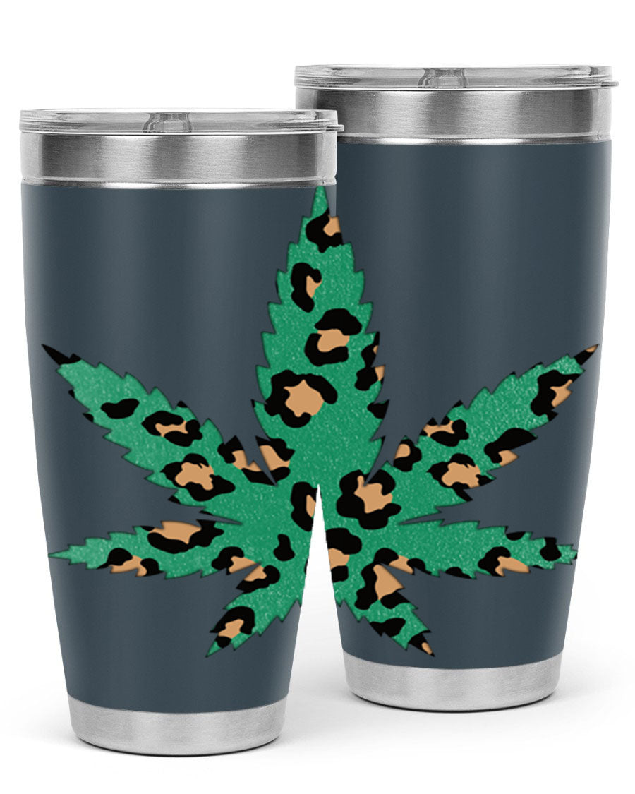 A stylish Cannabis Leopard Print 54# tumbler featuring a double wall vacuum design, perfect for keeping beverages hot or cold.