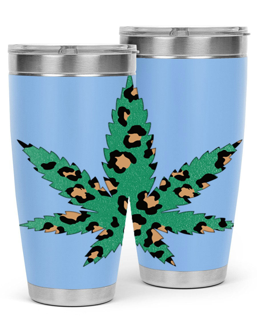 A stylish Cannabis Leopard Print 54# tumbler featuring a double wall vacuum design, perfect for keeping beverages hot or cold.