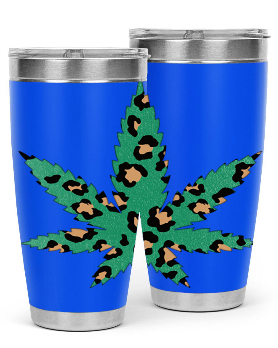A stylish Cannabis Leopard Print 54# tumbler featuring a double wall vacuum design, perfect for keeping beverages hot or cold.