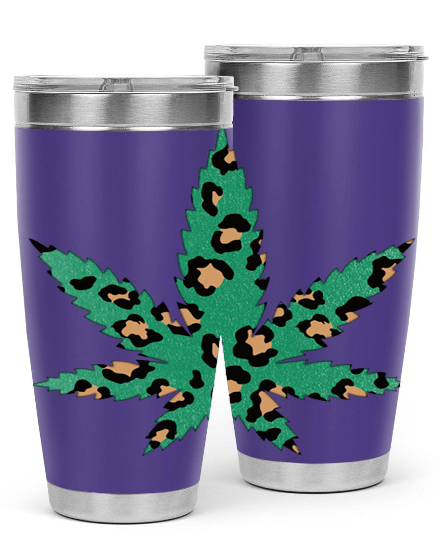 A stylish Cannabis Leopard Print 54# tumbler featuring a double wall vacuum design, perfect for keeping beverages hot or cold.